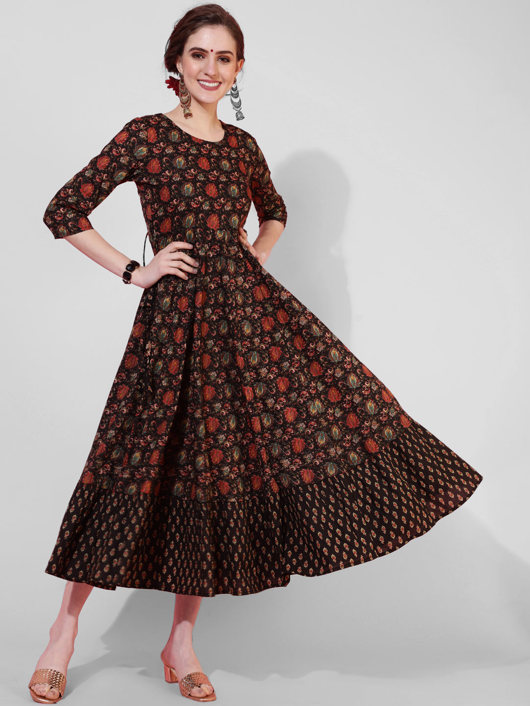 Cotton Calf Length Printed Flared 3/4  Sleeves Round Neck Kurta