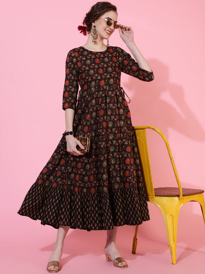 Cotton Calf Length Printed Flared 3/4  Sleeves Round Neck Kurta