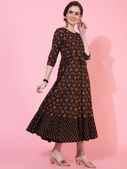 Cotton Calf Length Printed Flared 3/4  Sleeves Round Neck Kurta