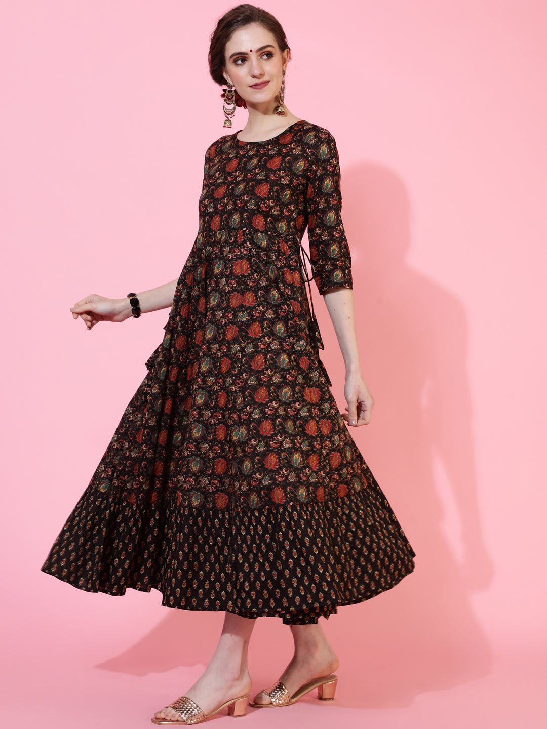 Cotton Calf Length Printed Flared 3/4  Sleeves Round Neck Kurta