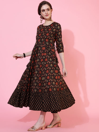 Cotton Calf Length Printed Flared 3/4  Sleeves Round Neck Kurta