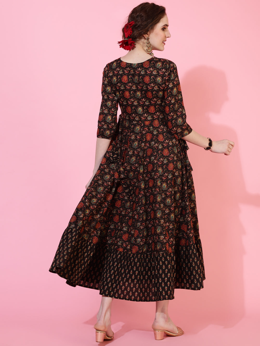 Cotton Calf Length Printed Flared 3/4  Sleeves Round Neck Kurta