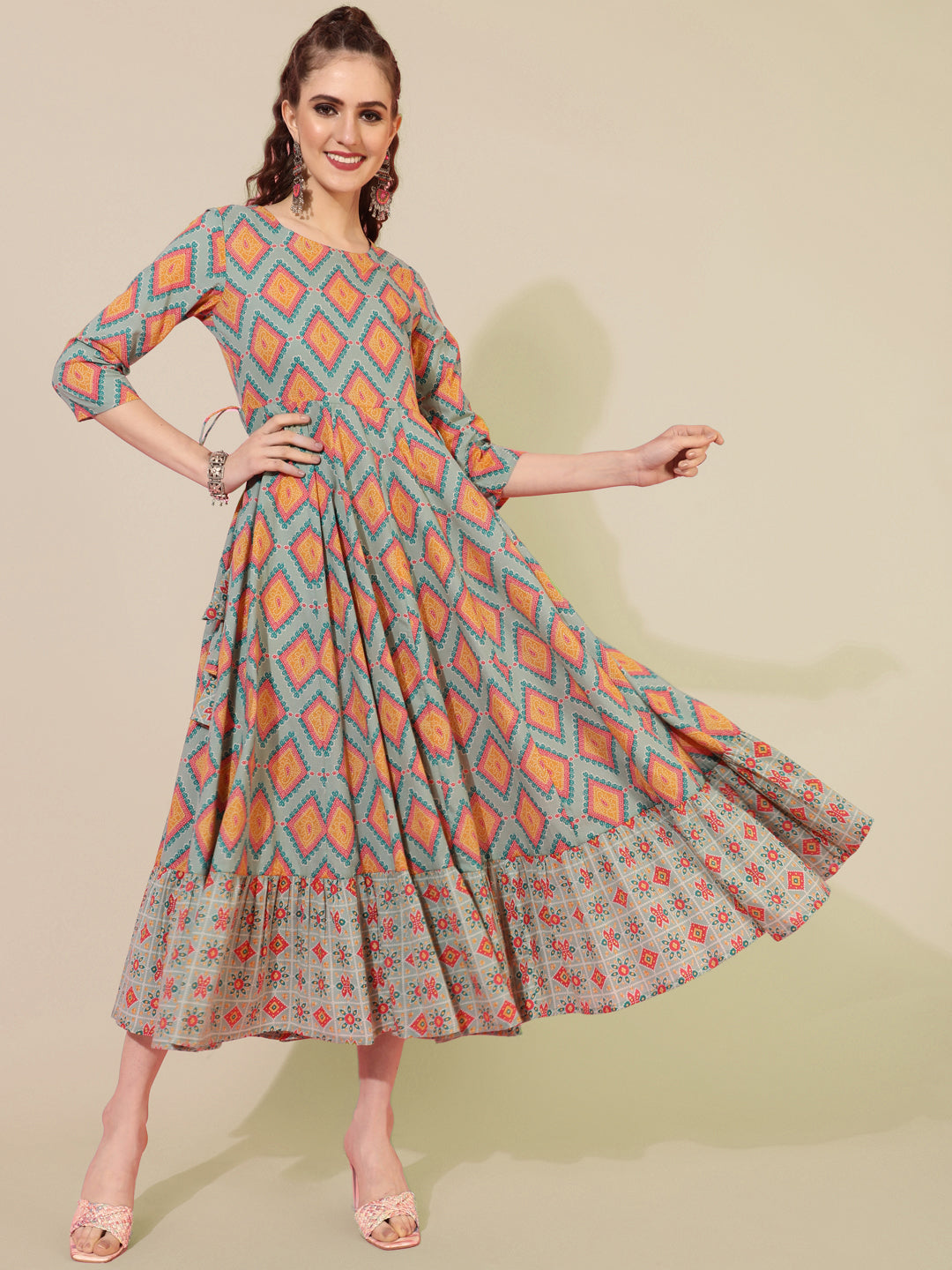 Cotton Calf Printed Flared 3/4 sleeves Round Neck Kurta