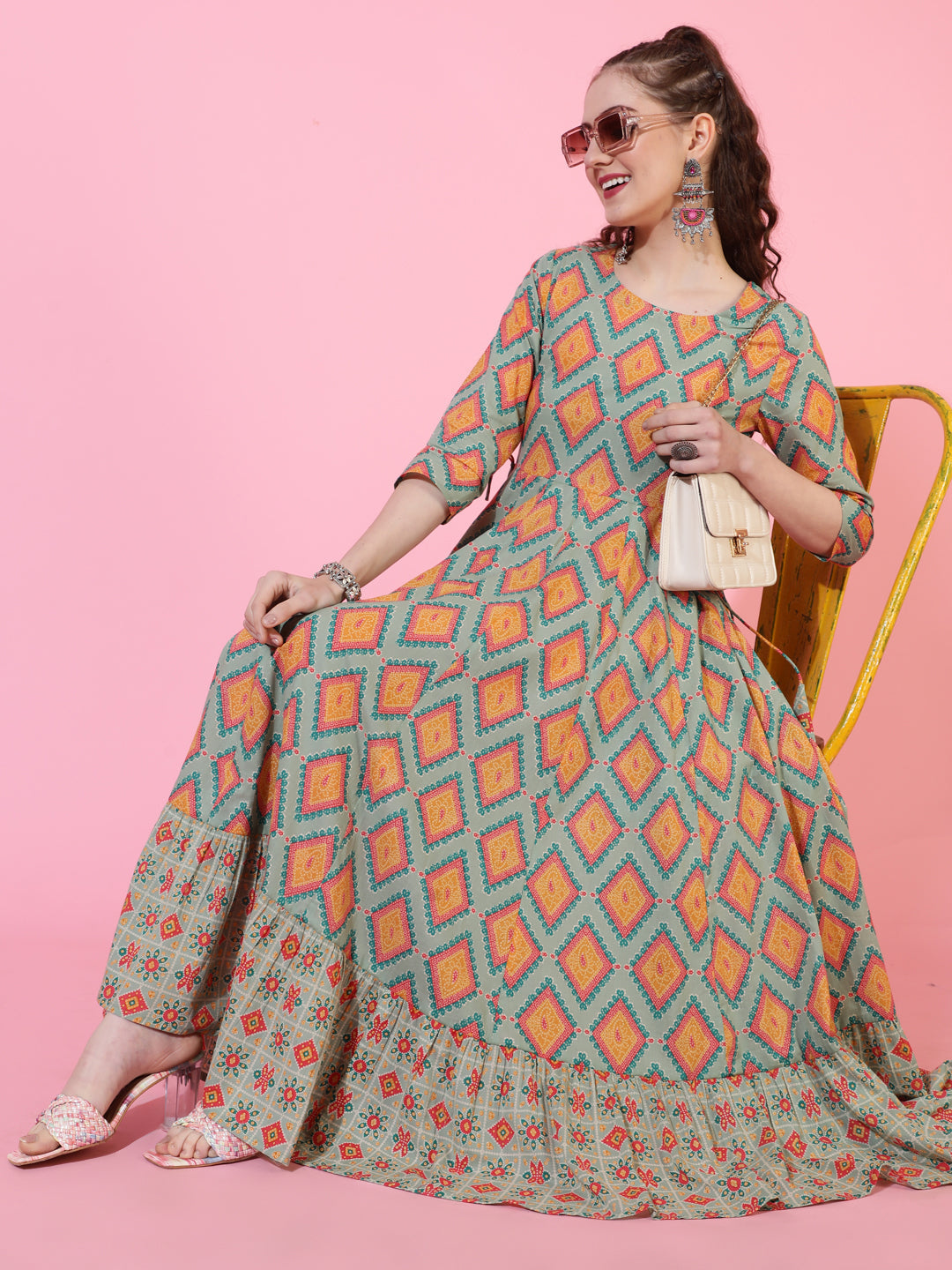 Cotton Calf Printed Flared 3/4 sleeves Round Neck Kurta