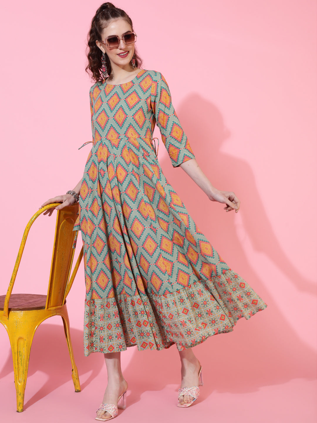 Cotton Calf Printed Flared 3/4 sleeves Round Neck Kurta