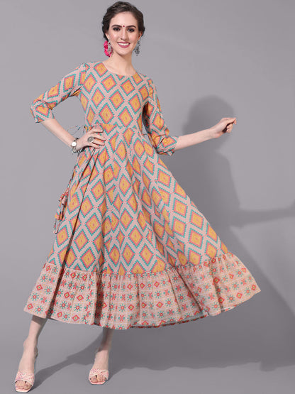 Cotton Calf Printed Flared 3/4 sleeves Round Neck Kurta