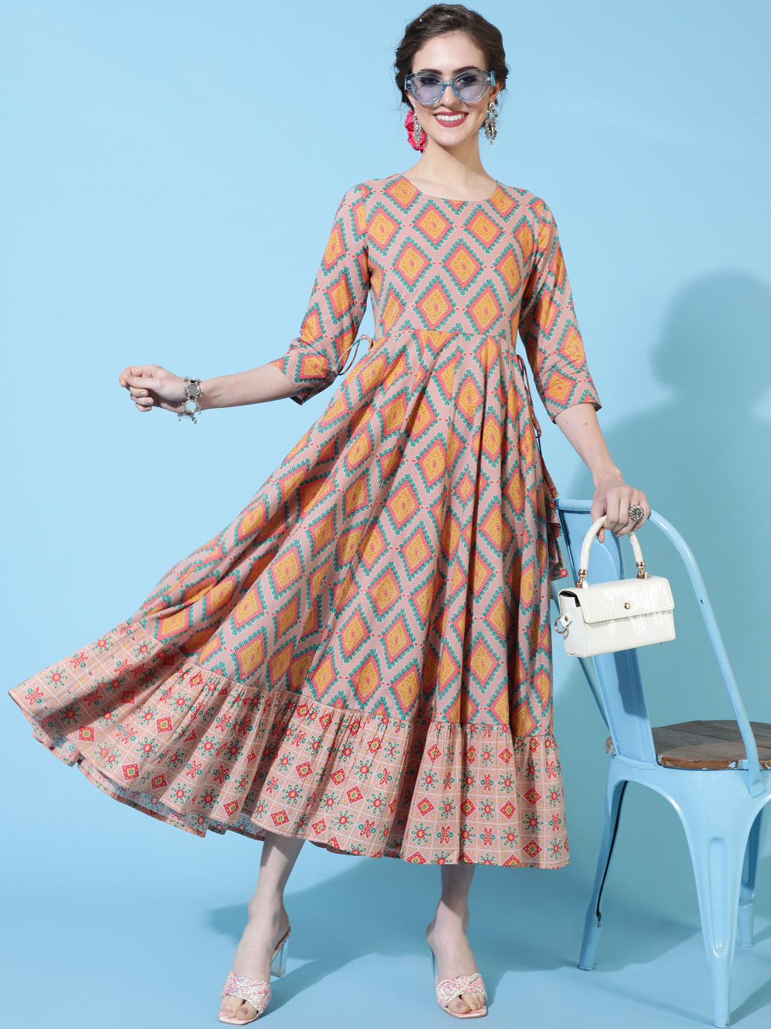 Cotton Calf Printed Flared 3/4 sleeves Round Neck Kurta