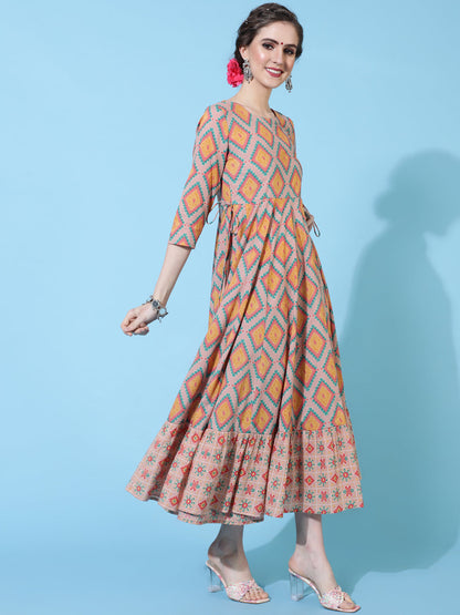 Cotton Calf Printed Flared 3/4 sleeves Round Neck Kurta