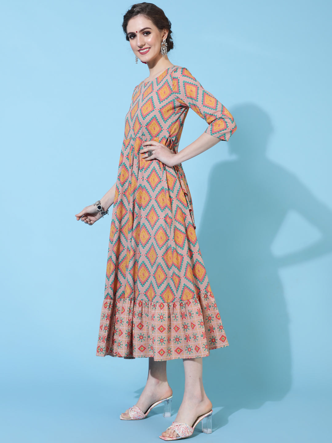 Cotton Calf Printed Flared 3/4 sleeves Round Neck Kurta