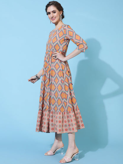 Cotton Calf Printed Flared 3/4 sleeves Round Neck Kurta