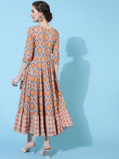 Cotton Calf Printed Flared 3/4 sleeves Round Neck Kurta