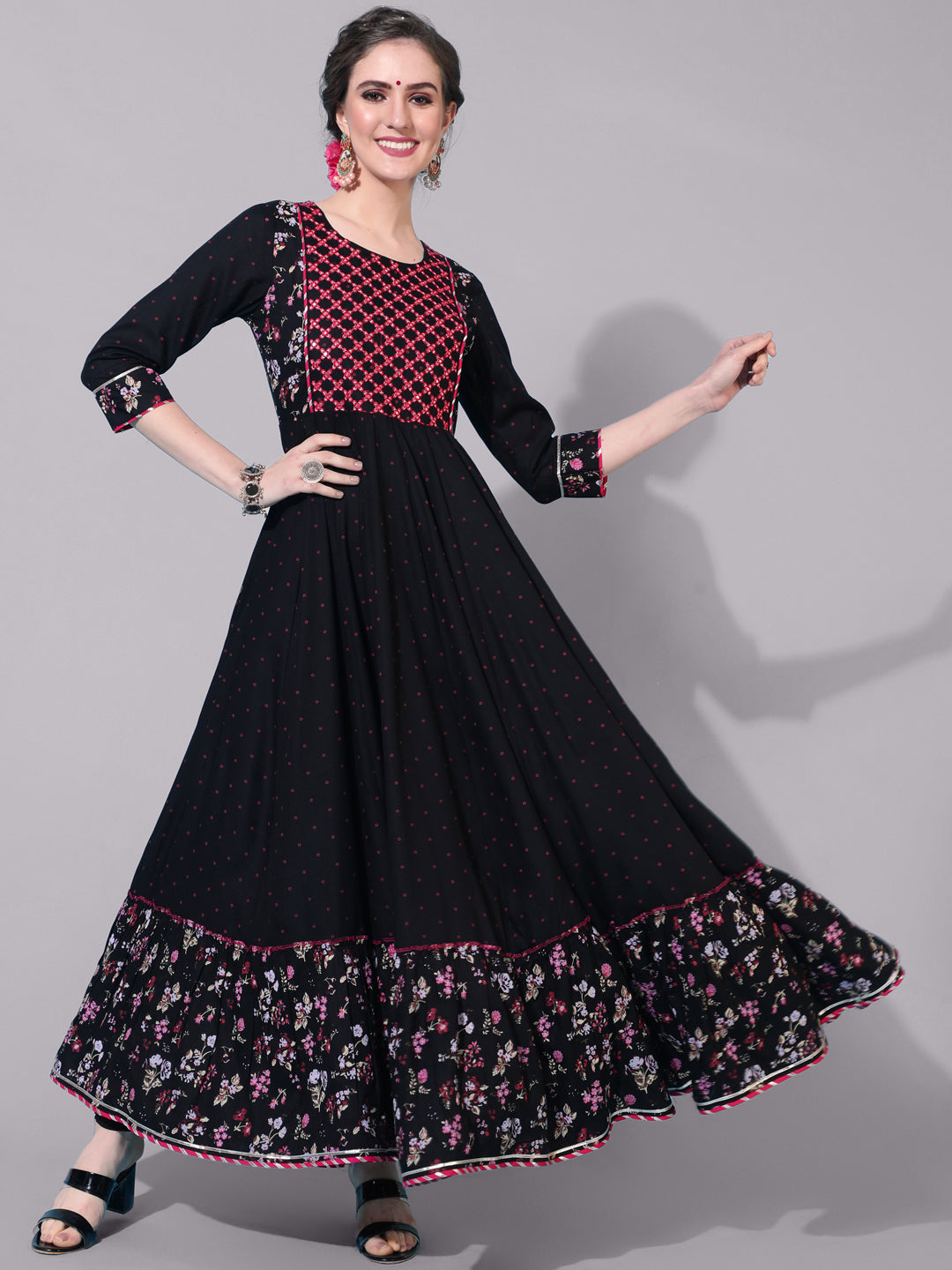 Rayon Ankle Length Printed Flared 3/4 sleeves Round Neck Kurta