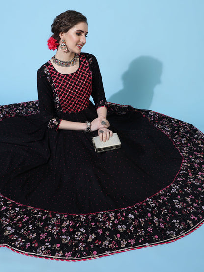 Rayon Ankle Length Printed Flared 3/4 sleeves Round Neck Kurta