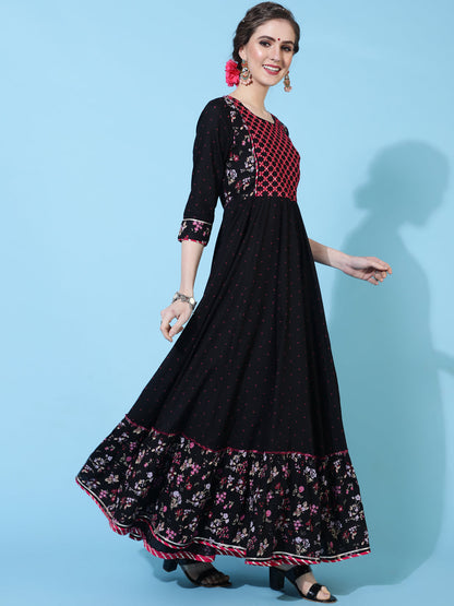 Rayon Ankle Length Printed Flared 3/4 sleeves Round Neck Kurta