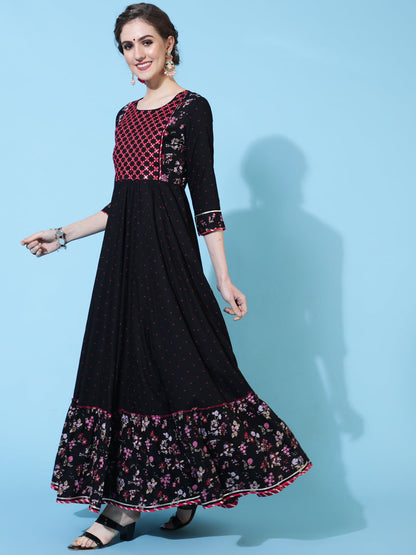 Rayon Ankle Length Printed Flared 3/4 sleeves Round Neck Kurta