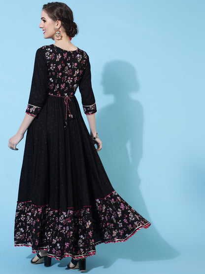 Rayon Ankle Length Printed Flared 3/4 sleeves Round Neck Kurta