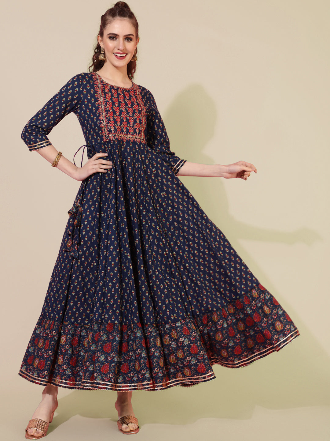 Cotton Ankle Length Printed Flared 3/4 sleeves Round Neck Kurta