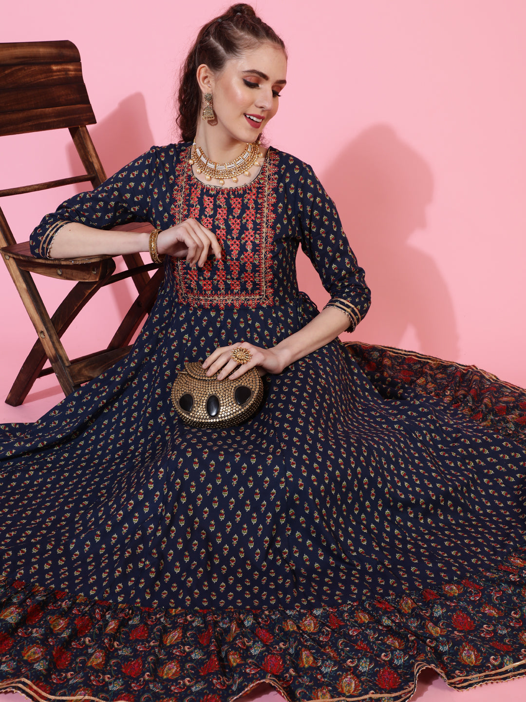 Cotton Ankle Length Printed Flared 3/4 sleeves Round Neck Kurta