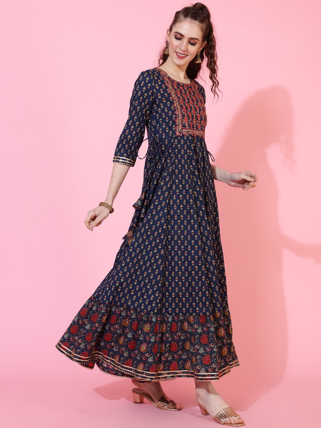 Cotton Ankle Length Printed Flared 3/4 sleeves Round Neck Kurta