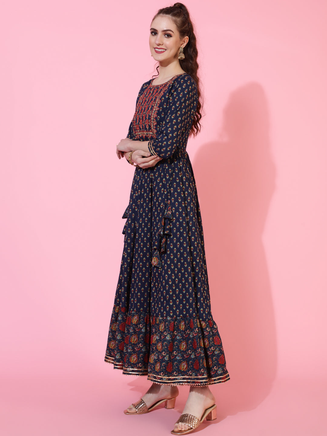 Cotton Ankle Length Printed Flared 3/4 sleeves Round Neck Kurta
