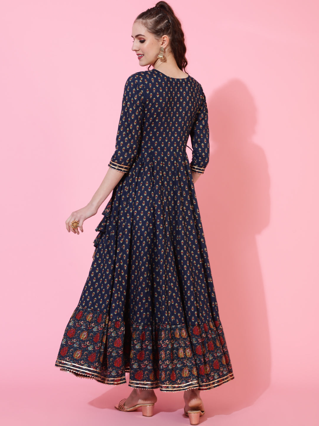 Cotton Ankle Length Printed Flared 3/4 sleeves Round Neck Kurta