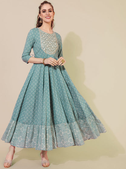 Cotton Ankle Length Printed Flared 3/4 sleeves Round Neck Kurta