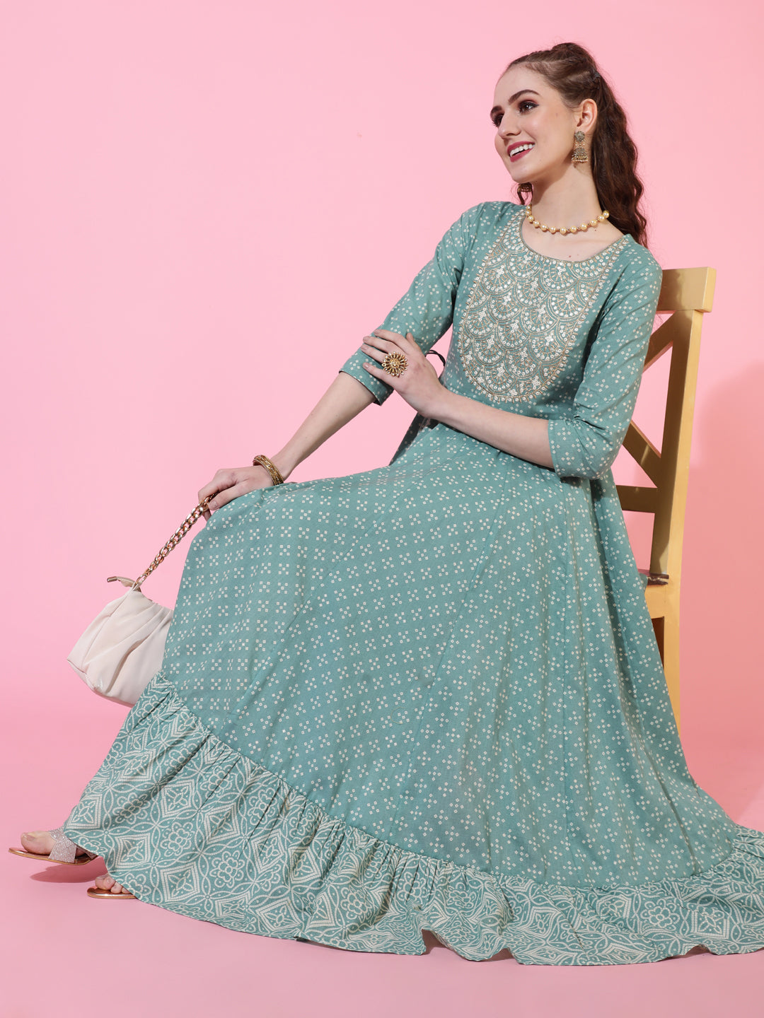 Cotton Ankle Length Printed Flared 3/4 sleeves Round Neck Kurta