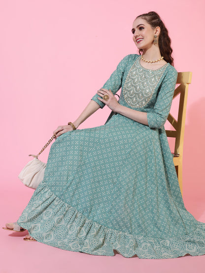 Cotton Ankle Length Printed Flared 3/4 sleeves Round Neck Kurta