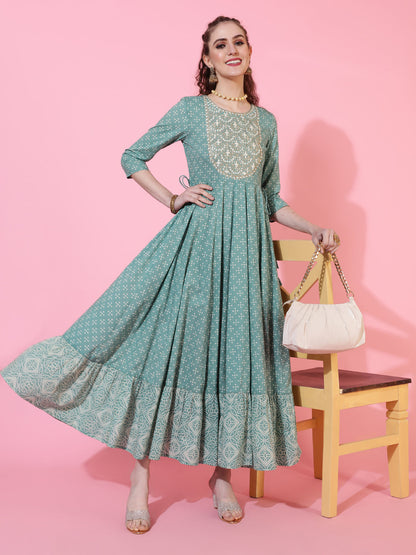 Cotton Ankle Length Printed Flared 3/4 sleeves Round Neck Kurta