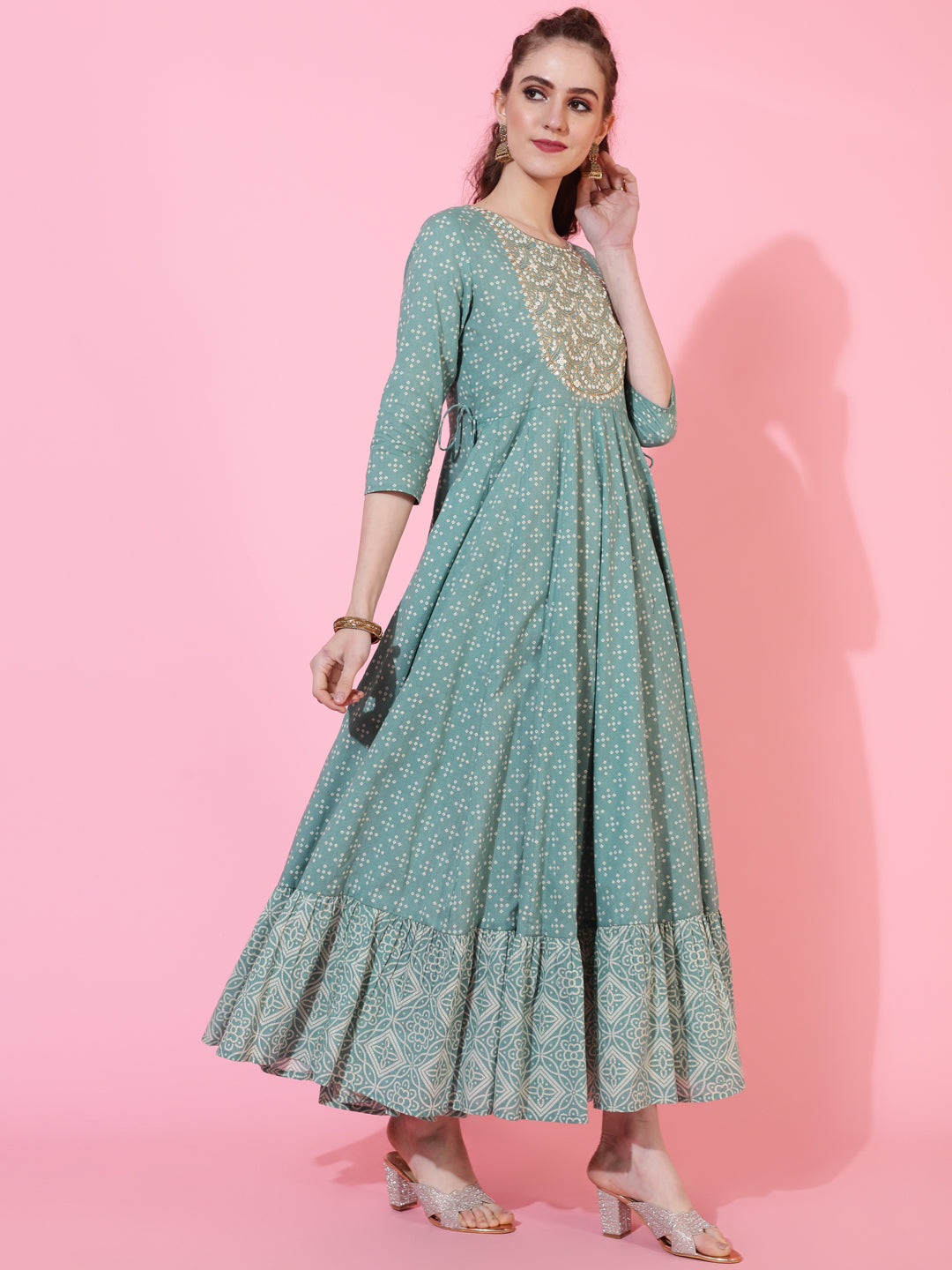 Cotton Ankle Length Printed Flared 3/4 sleeves Round Neck Kurta