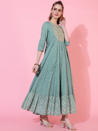 Cotton Ankle Length Printed Flared 3/4 sleeves Round Neck Kurta