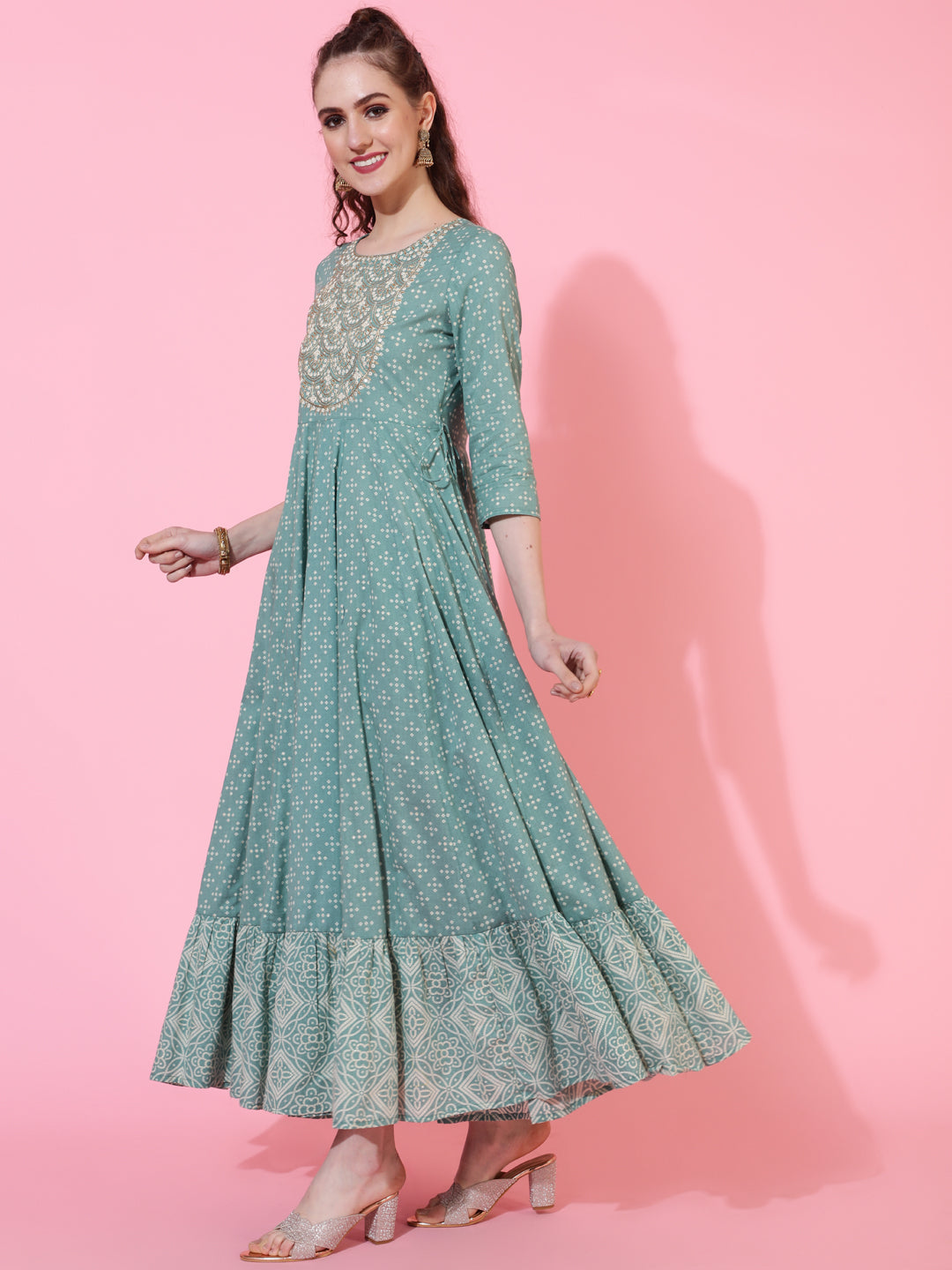 Cotton Ankle Length Printed Flared 3/4 sleeves Round Neck Kurta