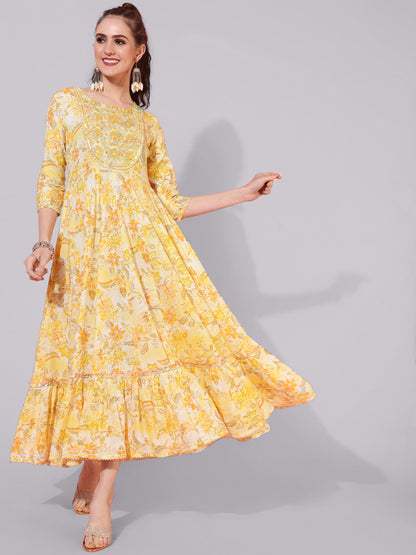 Cotton Calf Printed Flared 3/4 sleeves Round Neck Kurta