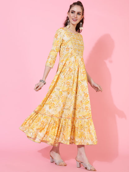 Cotton Calf Printed Flared 3/4 sleeves Round Neck Kurta