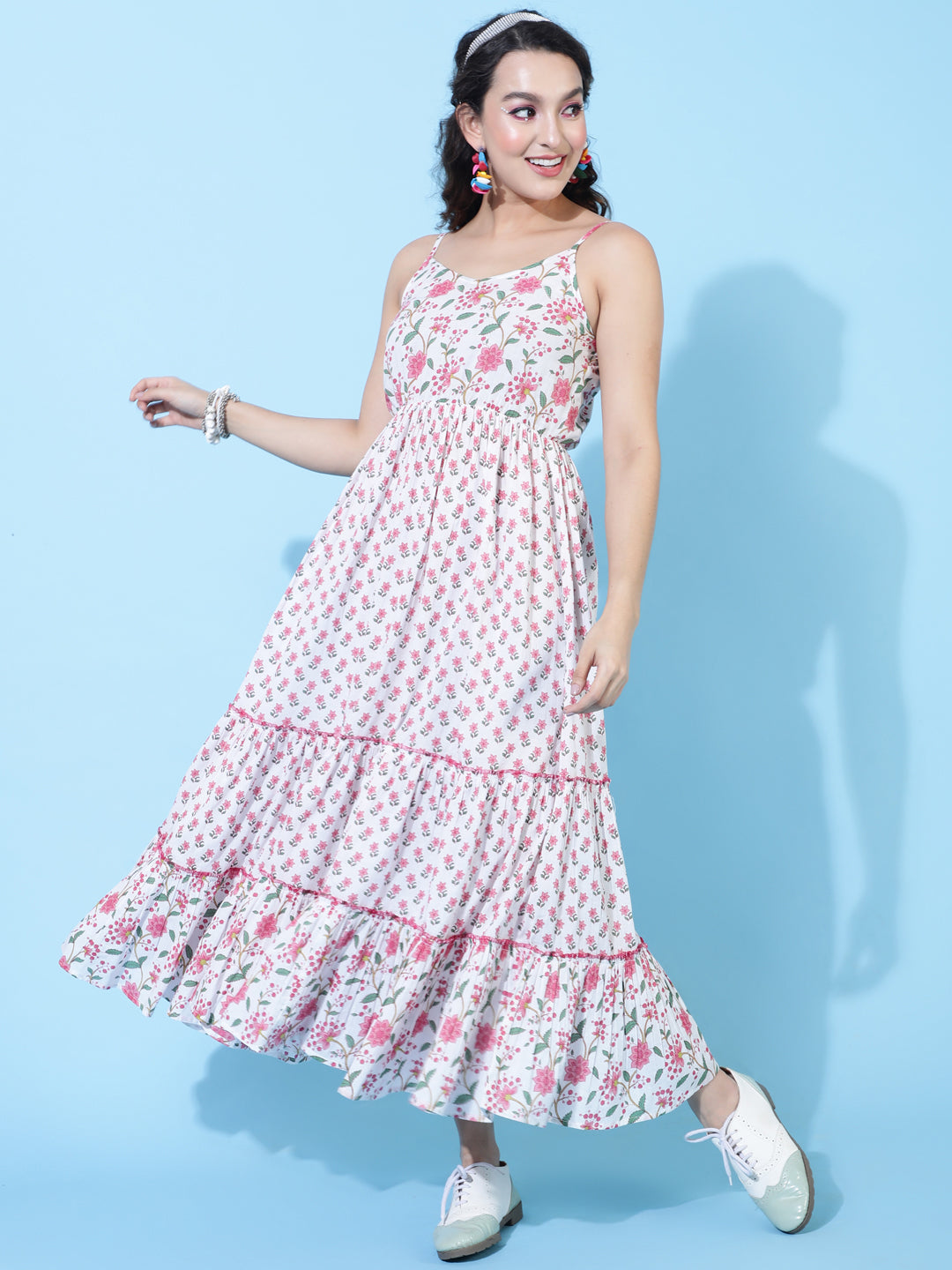 Cotton Calf Printed Flared Strappy Sleeves Round Dress