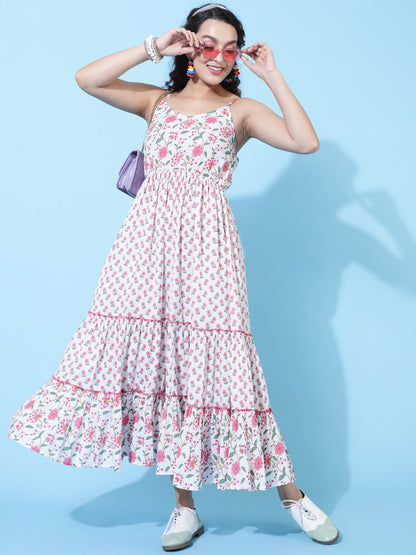 Cotton Calf Printed Flared Strappy Sleeves Round Dress