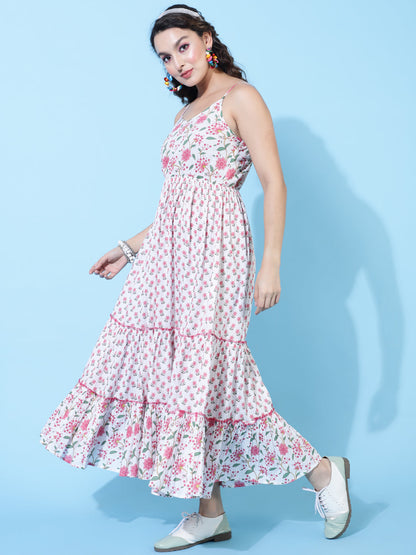 Cotton Calf Printed Flared Strappy Sleeves Round Dress