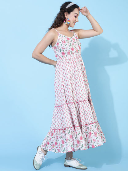 Cotton Calf Printed Flared Strappy Sleeves Round Dress