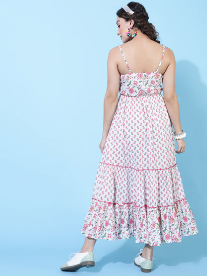 Cotton Calf Printed Flared Strappy Sleeves Round Dress