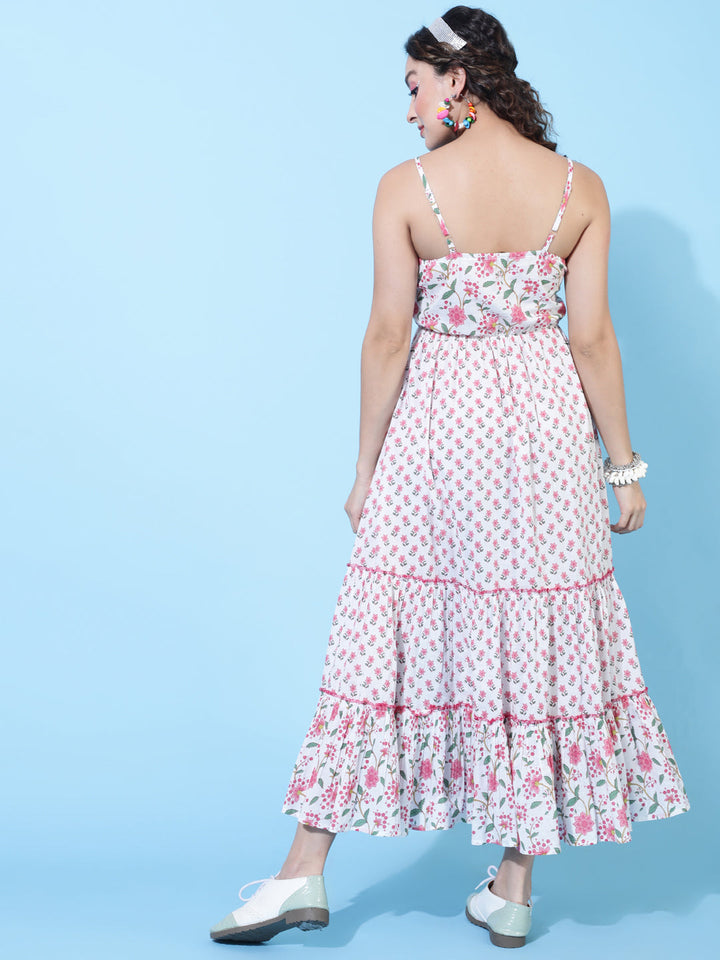 Cotton Calf Printed Flared Strappy Sleeves Round Dress