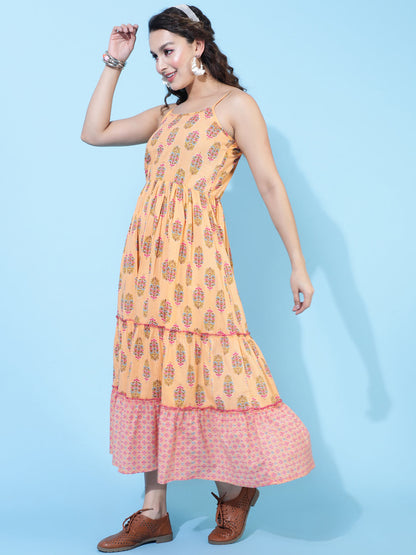 Cotton Calf Printed Flared Strappy Sleeves Round Dress