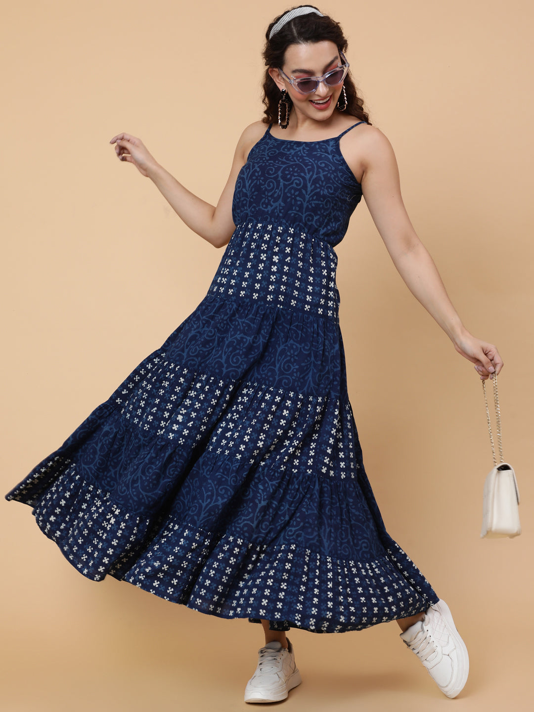 Cotton Calf Printed Flared Strappy Sleeves Round Dress