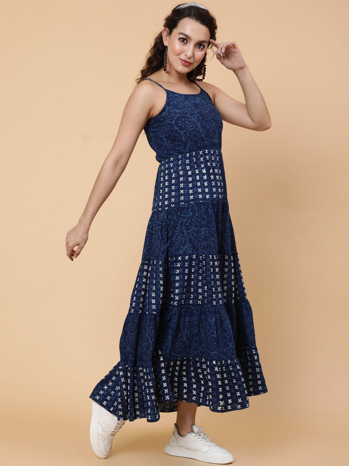 Cotton Calf Printed Flared Strappy Sleeves Round Dress