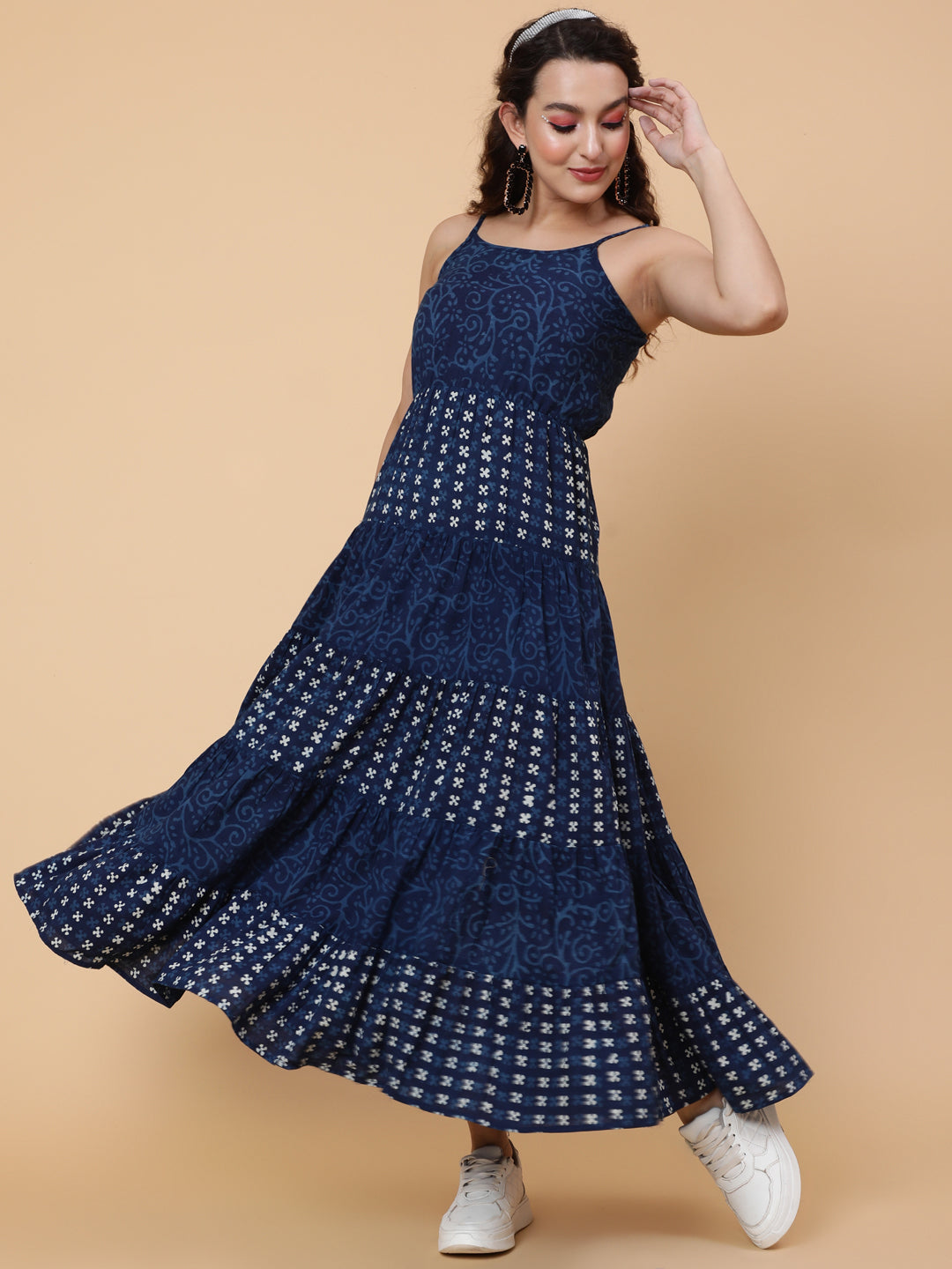 Cotton Calf Printed Flared Strappy Sleeves Round Dress