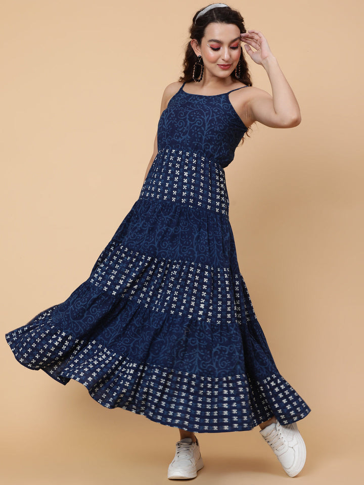 Cotton Calf Printed Flared Strappy Sleeves Round Dress