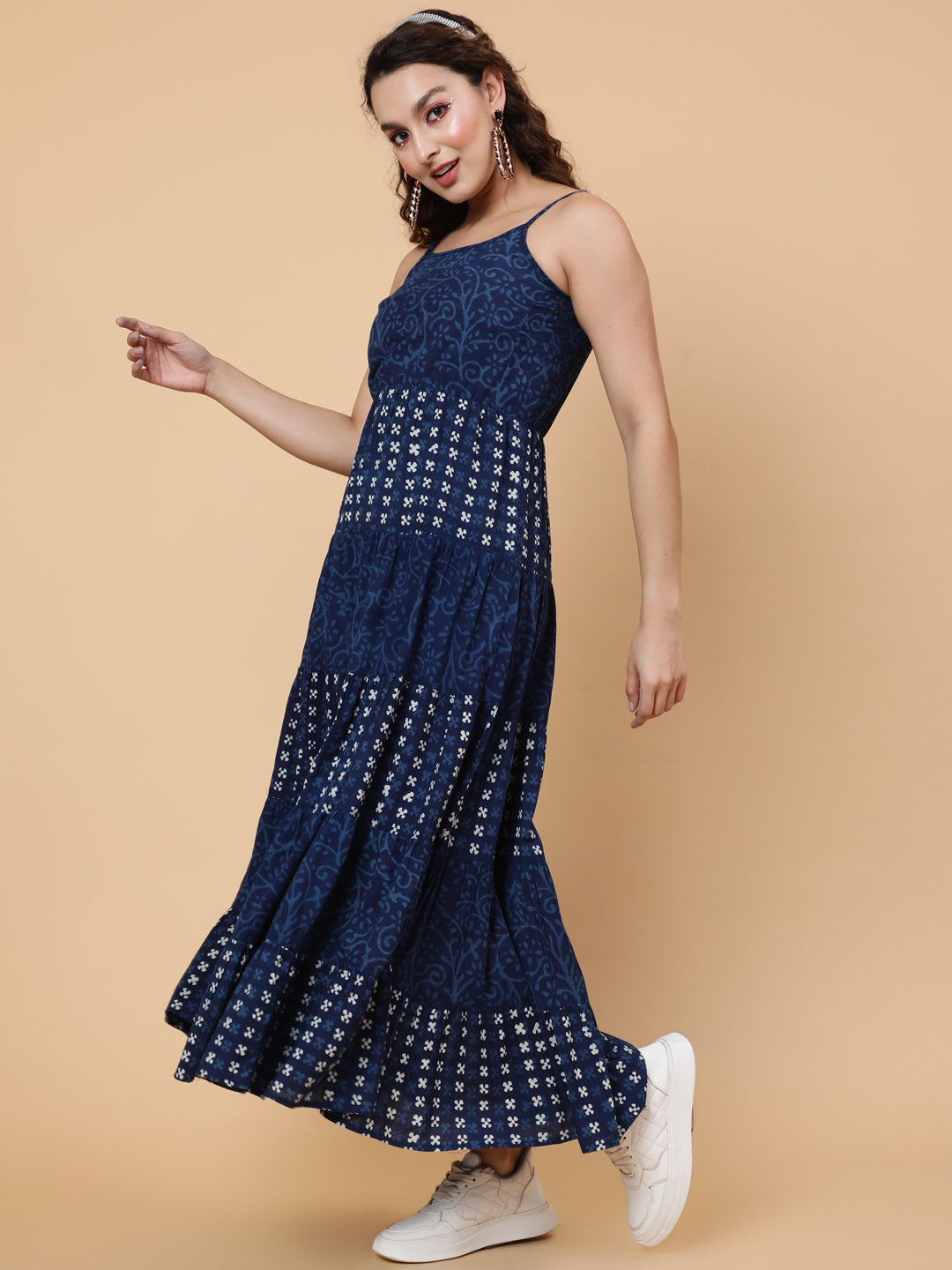 Cotton Calf Printed Flared Strappy Sleeves Round Dress
