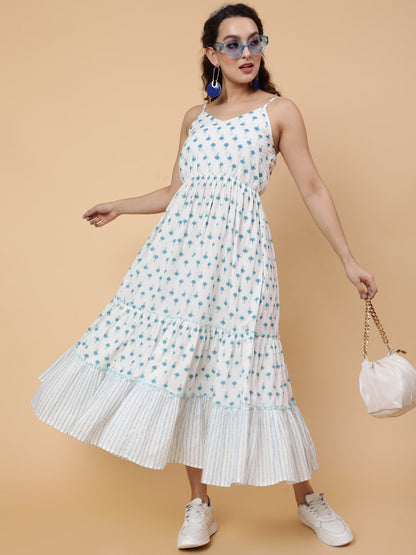 Cotton Calf Printed Flared Strappy Sleeves Round Dress