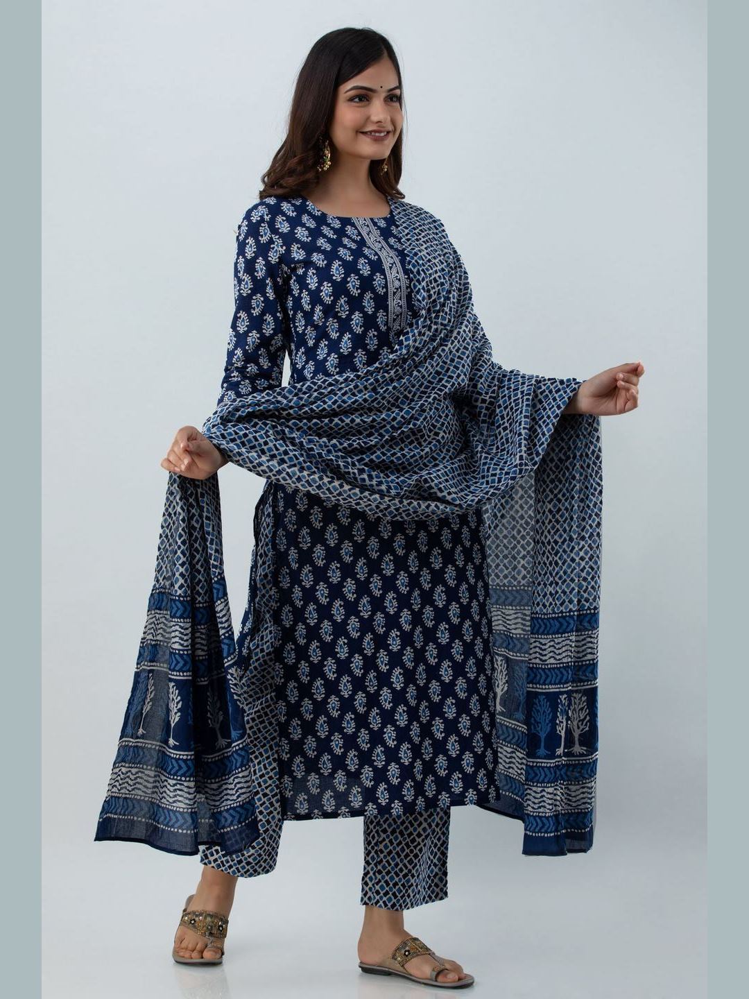 Printed Cotton Round Neck 3/4 Sleeve Straight Calf Length Kurta Set With Dupatta