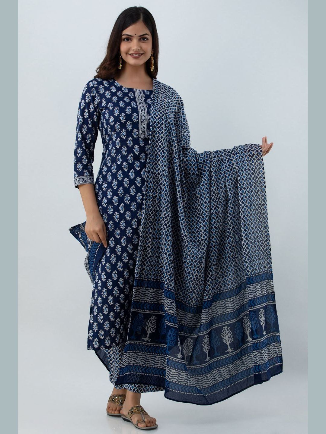 Printed Cotton Round Neck 3/4 Sleeve Straight Calf Length Kurta Set With Dupatta