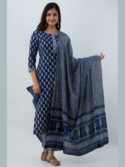 Printed Cotton Round Neck 3/4 Sleeve Straight Calf Length Kurta Set With Dupatta